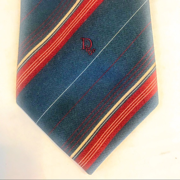 CHRISTIAN DIOR Luxury Tie Slate Blue Tan Red Stripe Tie Paris New York  3.25” - Picture 11 of 13